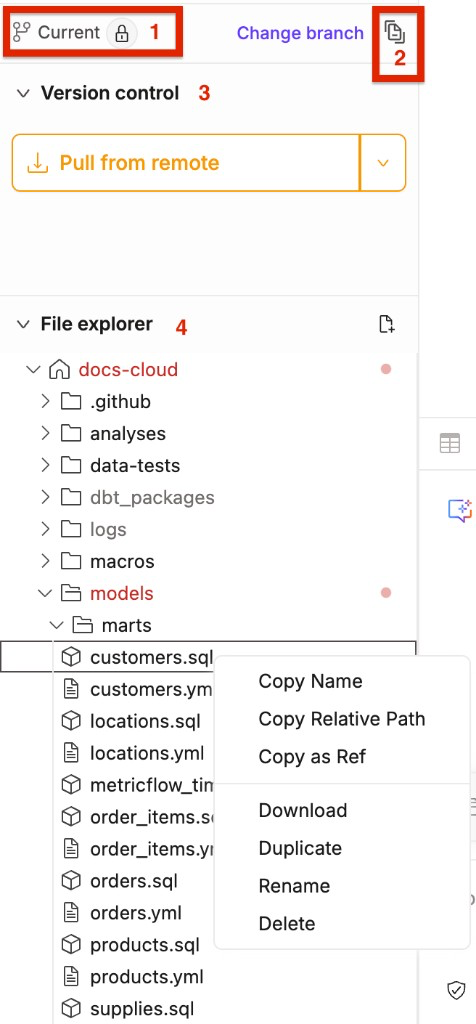 The Git repo link, documentation site button, Version Control menu, and File Explorer The Git repo link, documentation site button, Version Control menu, and File Explorer